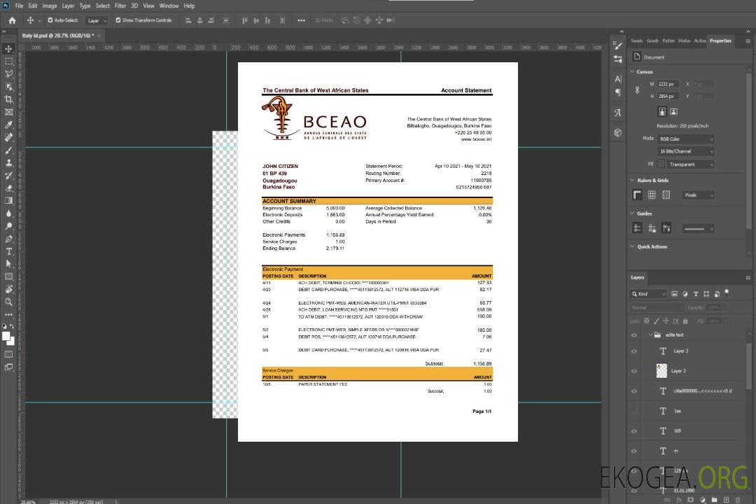 Burkina Faso Relevé bancaire de la Banque centrale des États de l'Afrique de l'Ouest, modèle facile à remplir au format Excel et PDF template